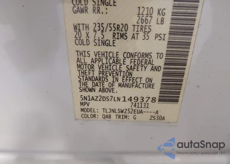 2020 Nissan Murano Platinum Intelligent Awd z USA, uszkodzony, nr VIN 5N1AZ2DS7LN149378